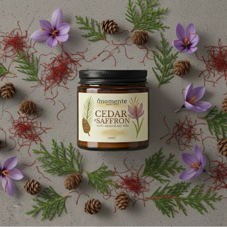 Świeca sojowa MOMENTE Cedar & Saffron – 120 ml