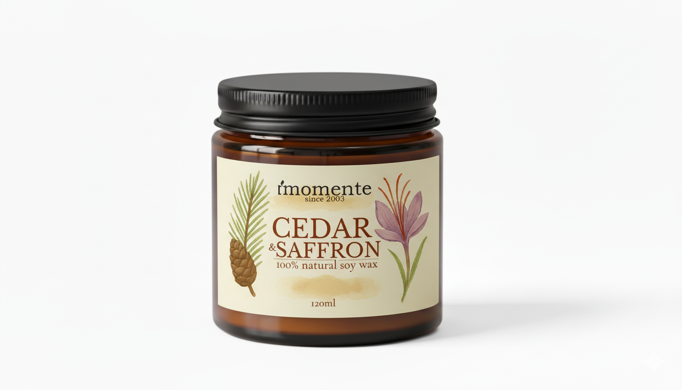 Świeca sojowa MOMENTE Cedar & Saffron – 120 ml